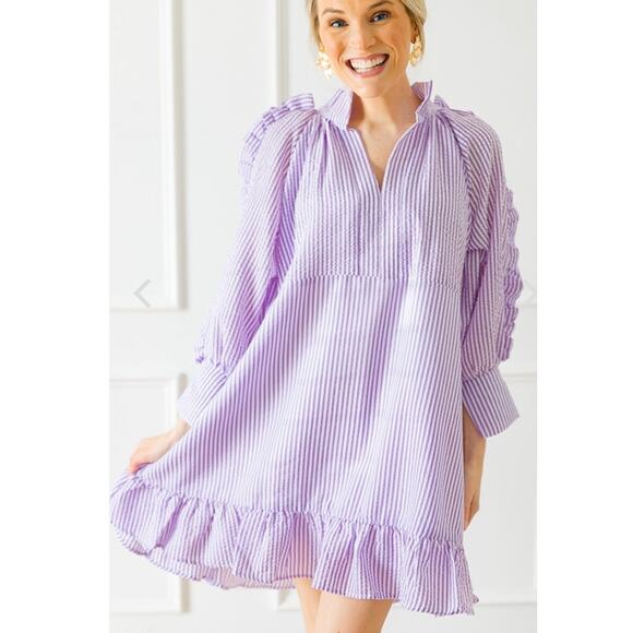 Karlie Seersucker Ruffle shift girlie long sleeve mini Dress purple Lilac S - Picture 1 of 11
